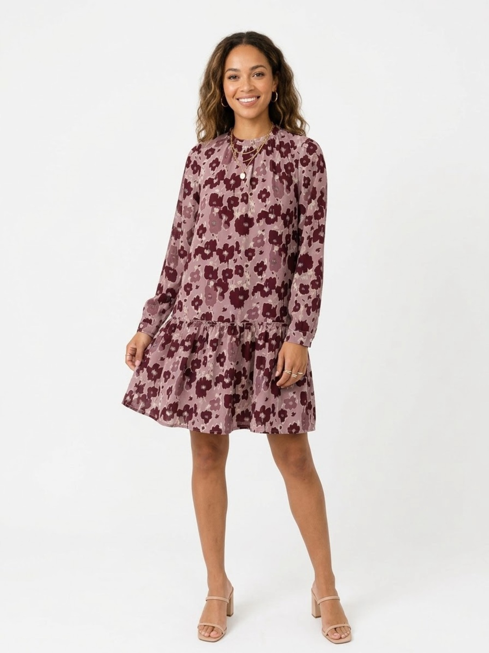 ROOLEE Bloomwood Mauve Plum Floral Drop Waist Long Sleeve Dress XS